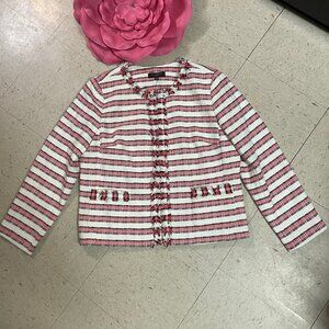 TALBOTS Petites‎ Striped Fringe Tweed Full Zip Blazer Jacket Sz 16P Corpcore